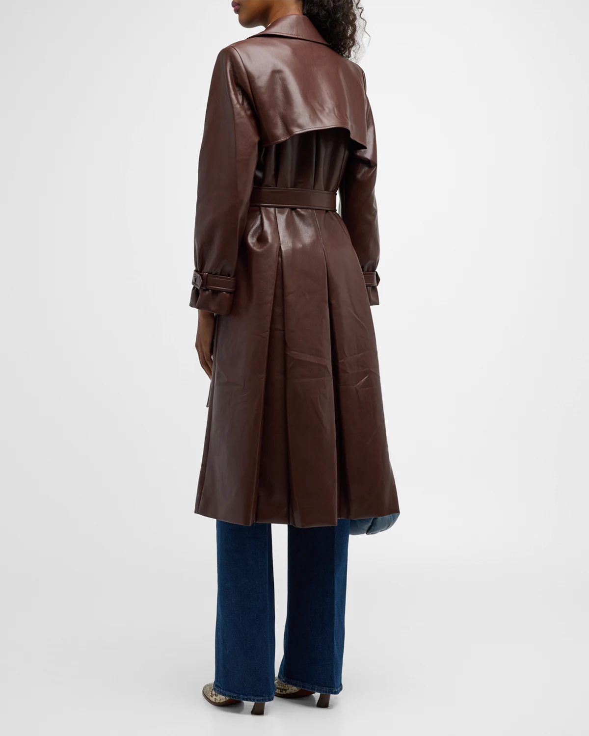 Elicia Strong-Shoulder Vegan Leather Trench Coat 