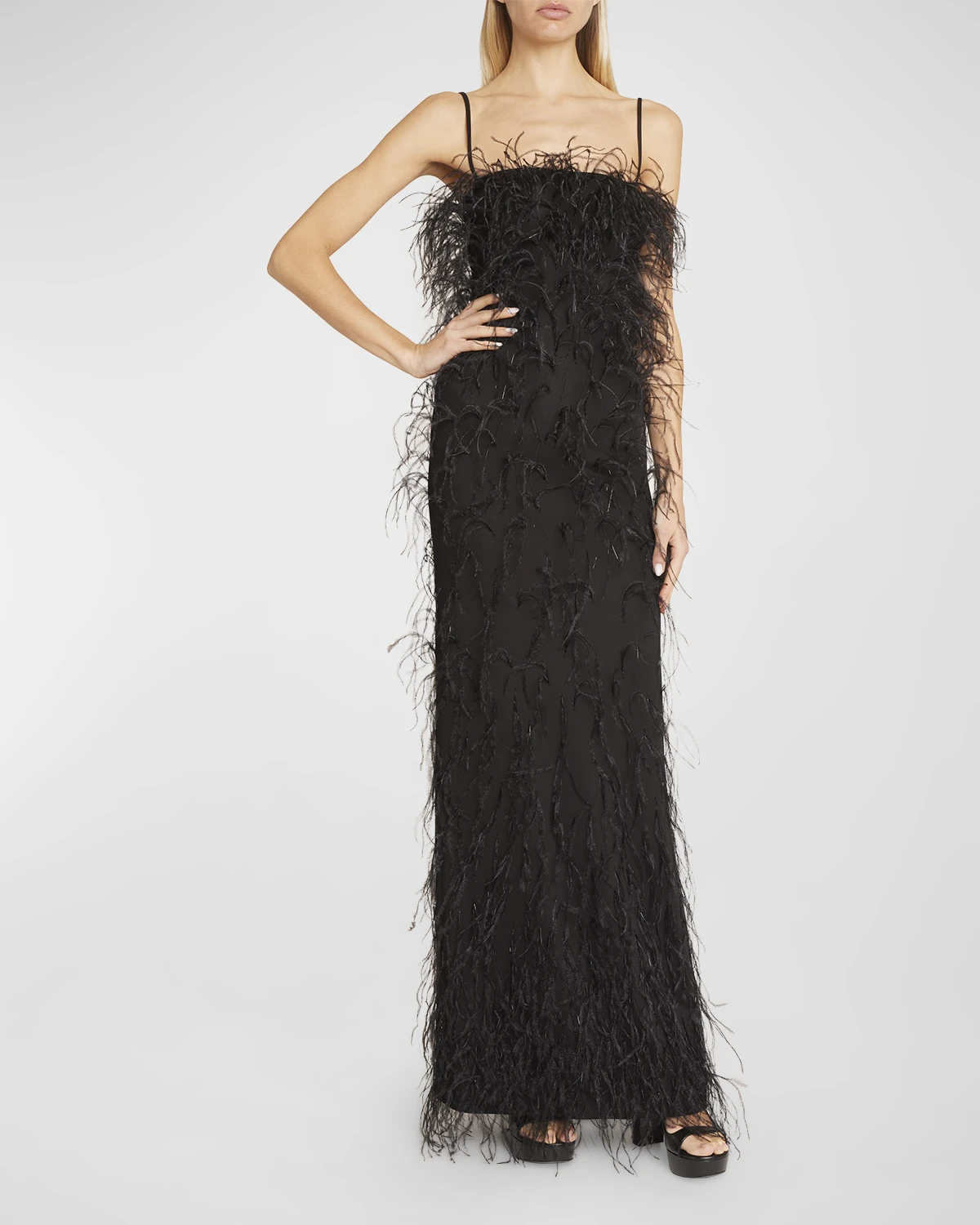 Embroidered Feather Column Gown