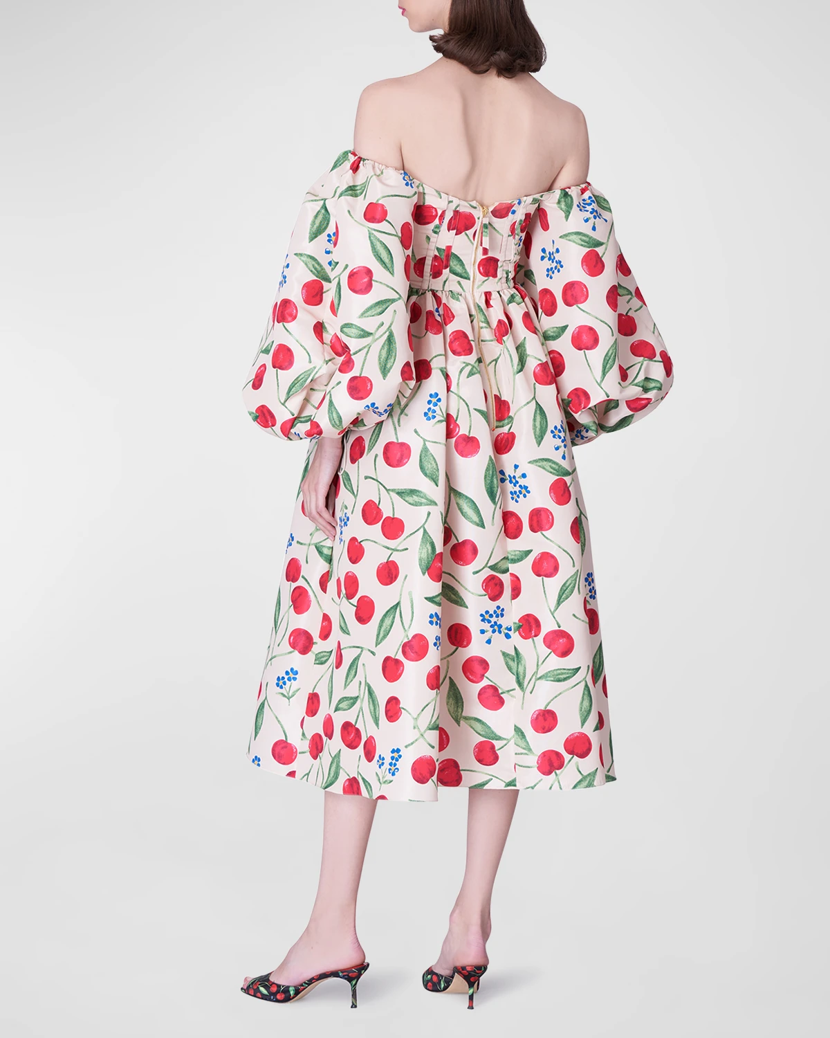 Cherry-Print Off-The-Shoulder Balloon-Sleeve Midi Dress