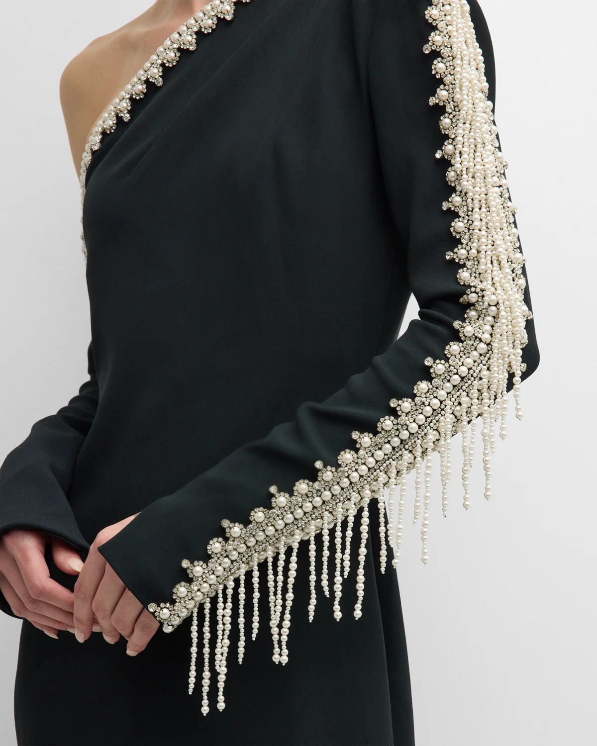 Pearlescent Beaded Fringe One-Shoulder Long-Sleeve Crepe Gown