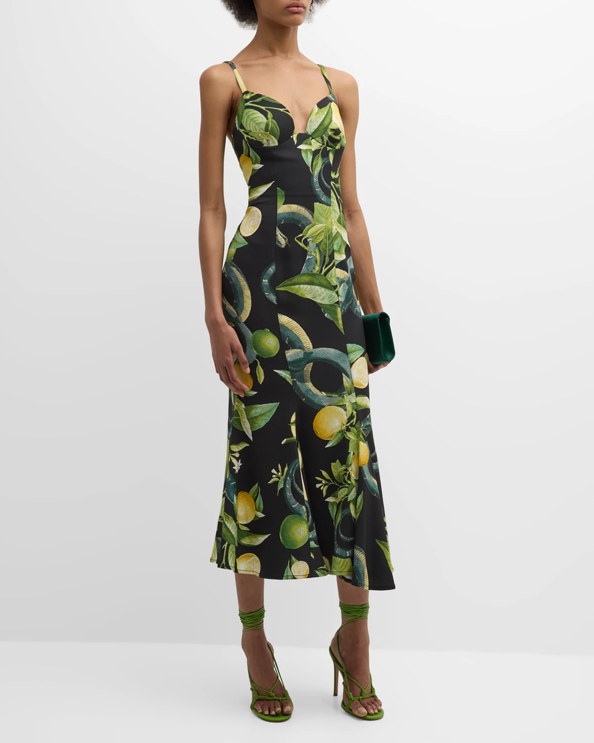 Lemon-Print Sleeveless Trumpet Midi Dress