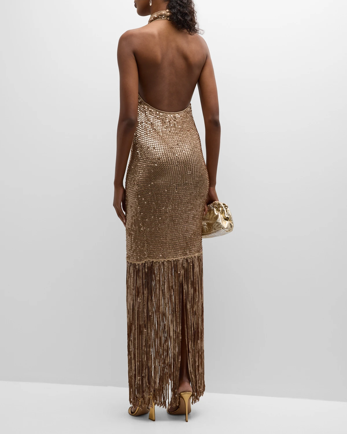 Renzo Metallic Sequin Halter Midi Dress