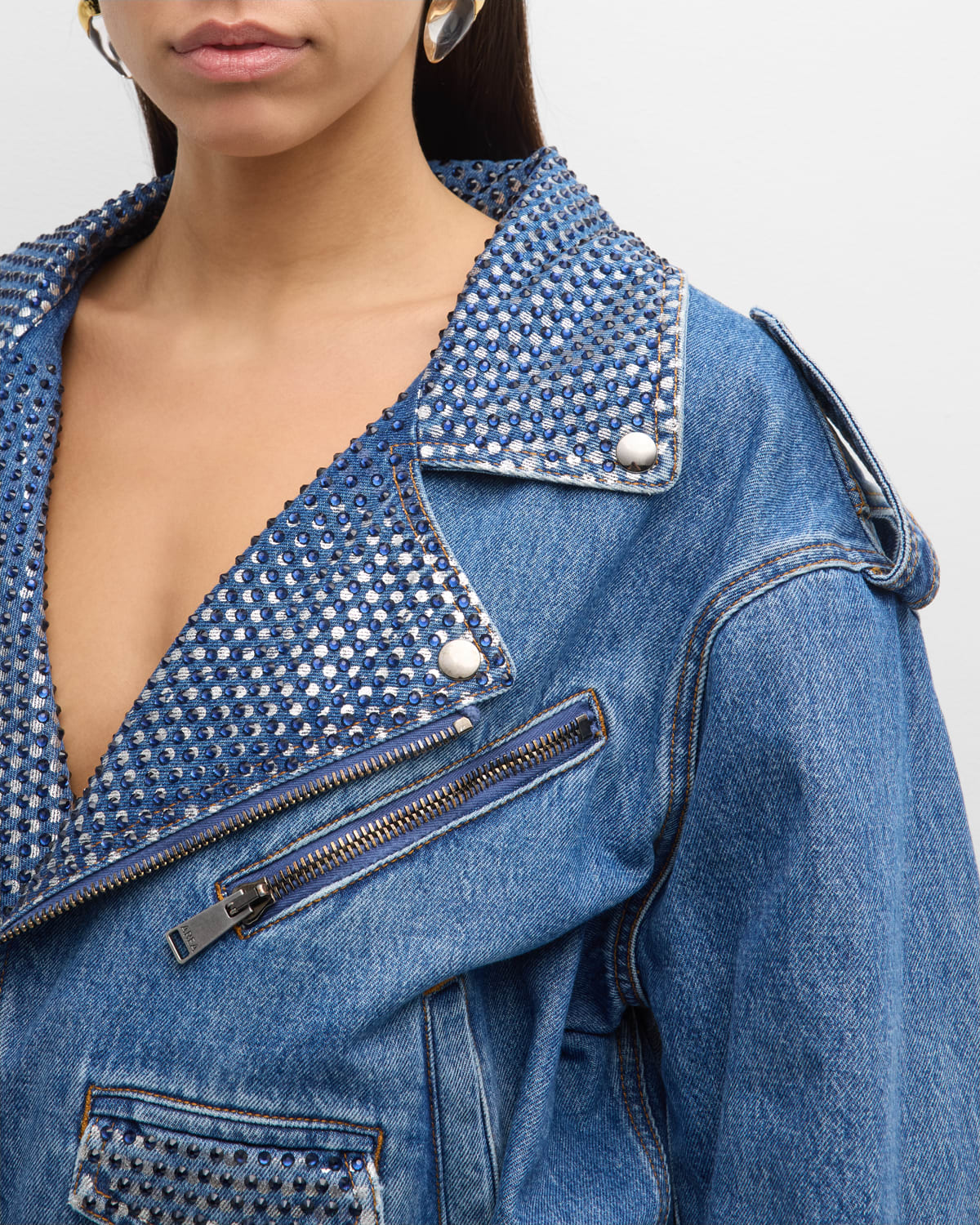 Crystal-Embellished Crop Denim Moto Jacket