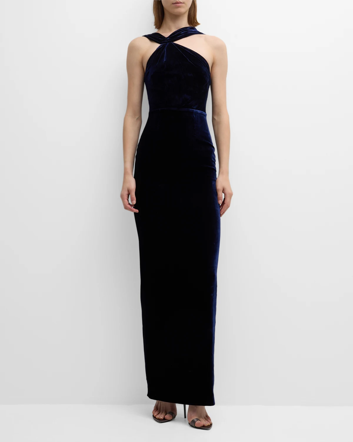 Asymmetric Halter Velvet Column Gown