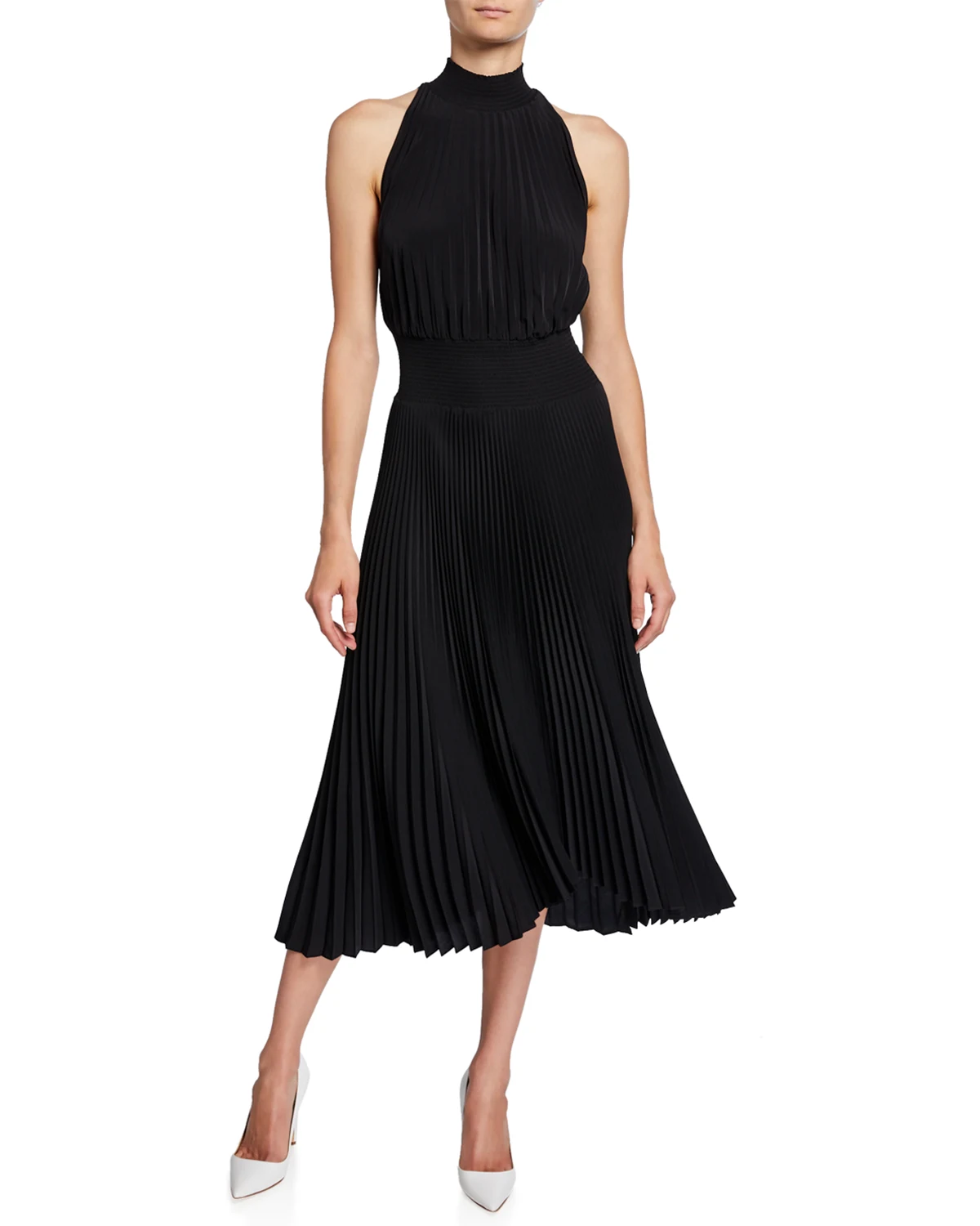 Renzo High-Neck Pleated Asymmetrical Cocktail Dress