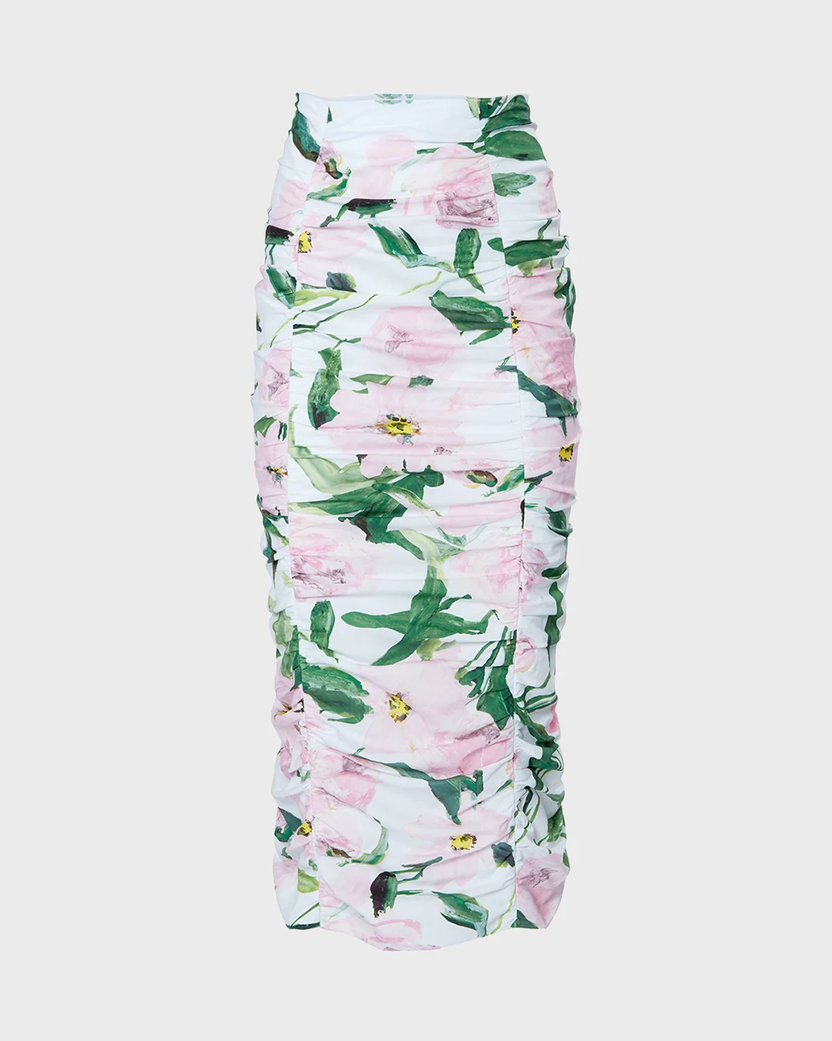 Floral-Print Ruched Midi Pencil Skirt