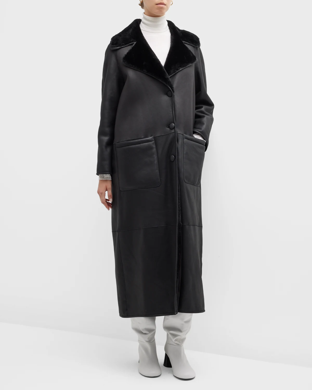 Long Leather Coat w/ Shearling Lining 