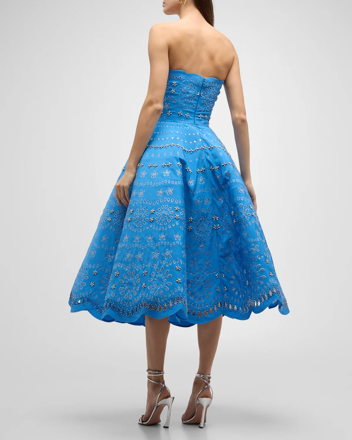 Strapless Crystal Eyelet Scallop Midi Cocktail Dress