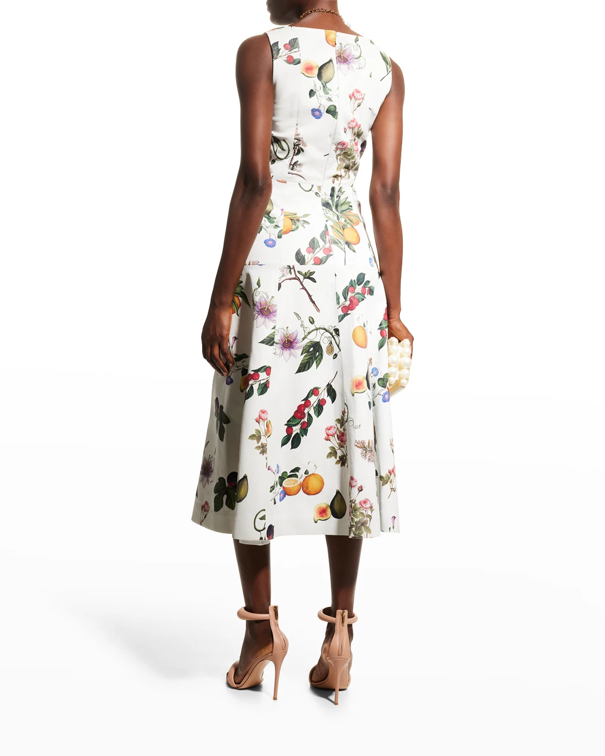 Botanical-Print Flower-Applique Leather Midi Dress