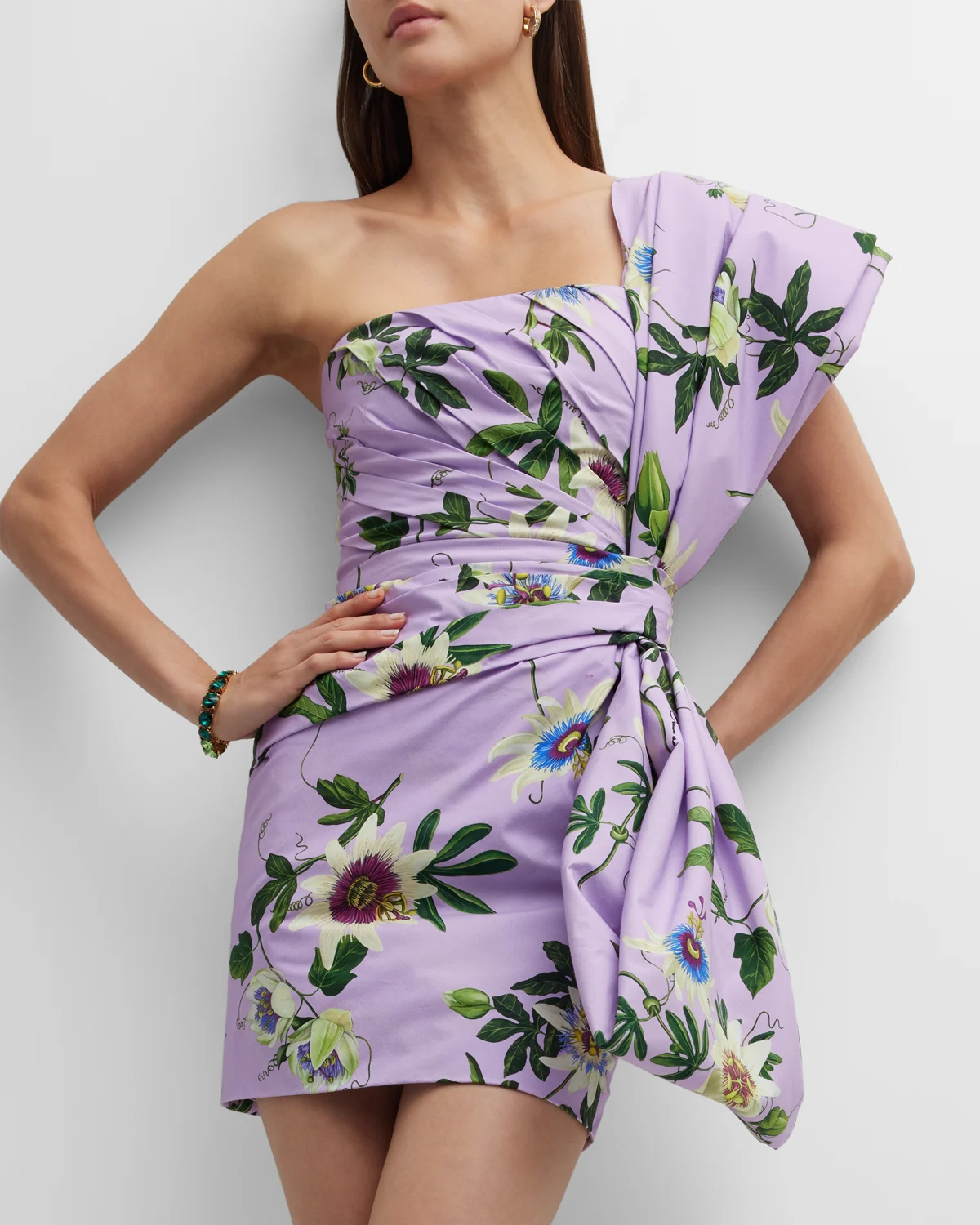 Sunburst Draped Bow Floral-Print One-Shoulder Mini Dress