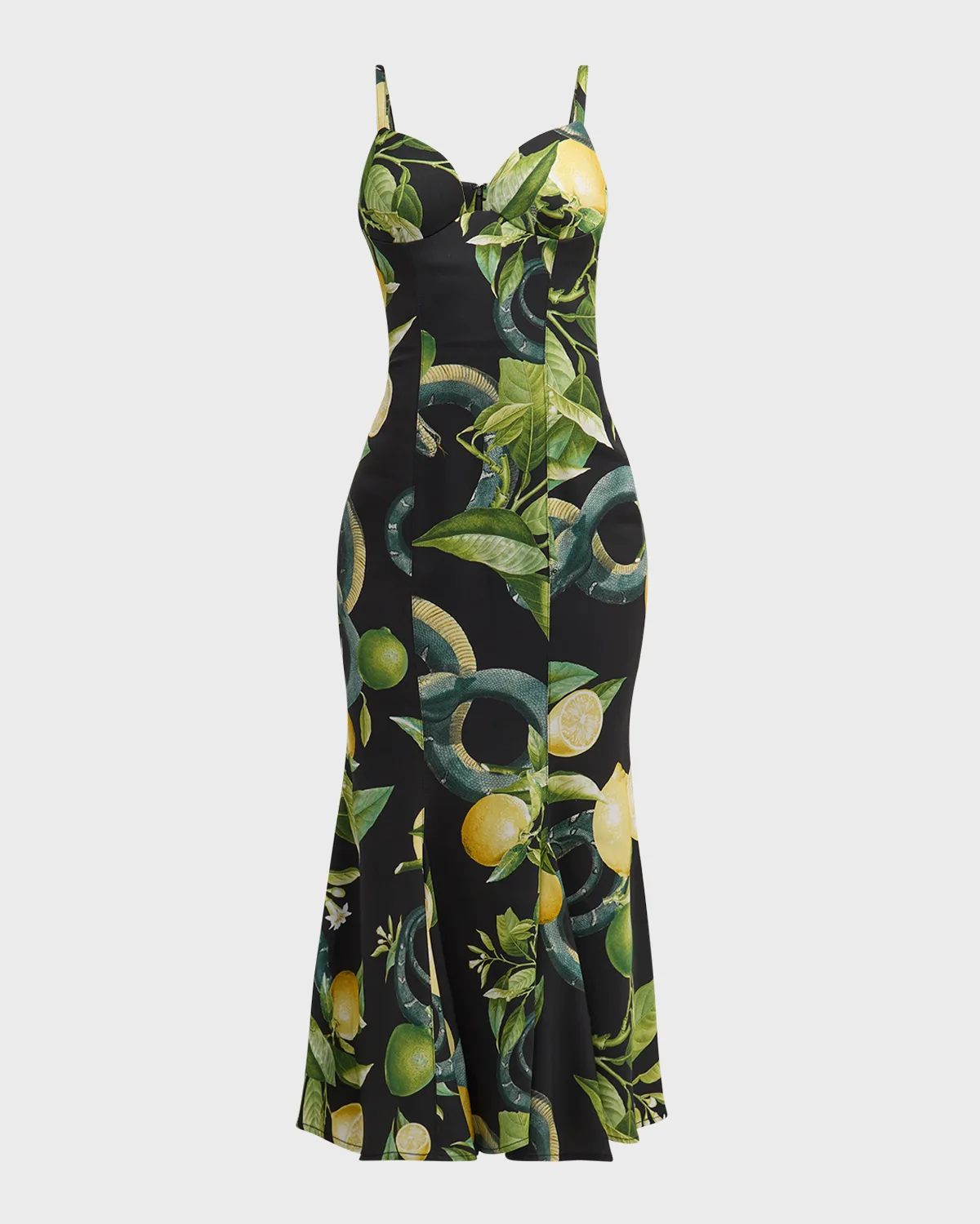 Lemon-Print Sleeveless Trumpet Midi Dress