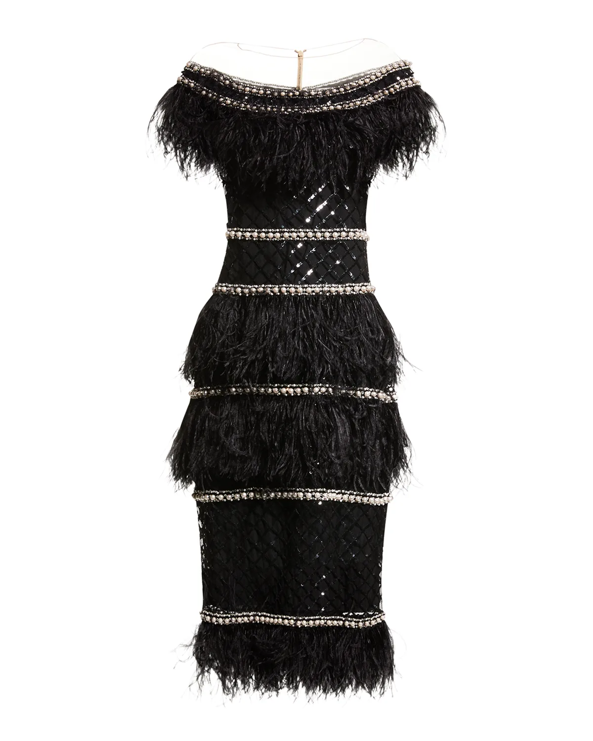 Beaded Off-The-Shoulder Illusion Midi Dress w/ Feather Trim