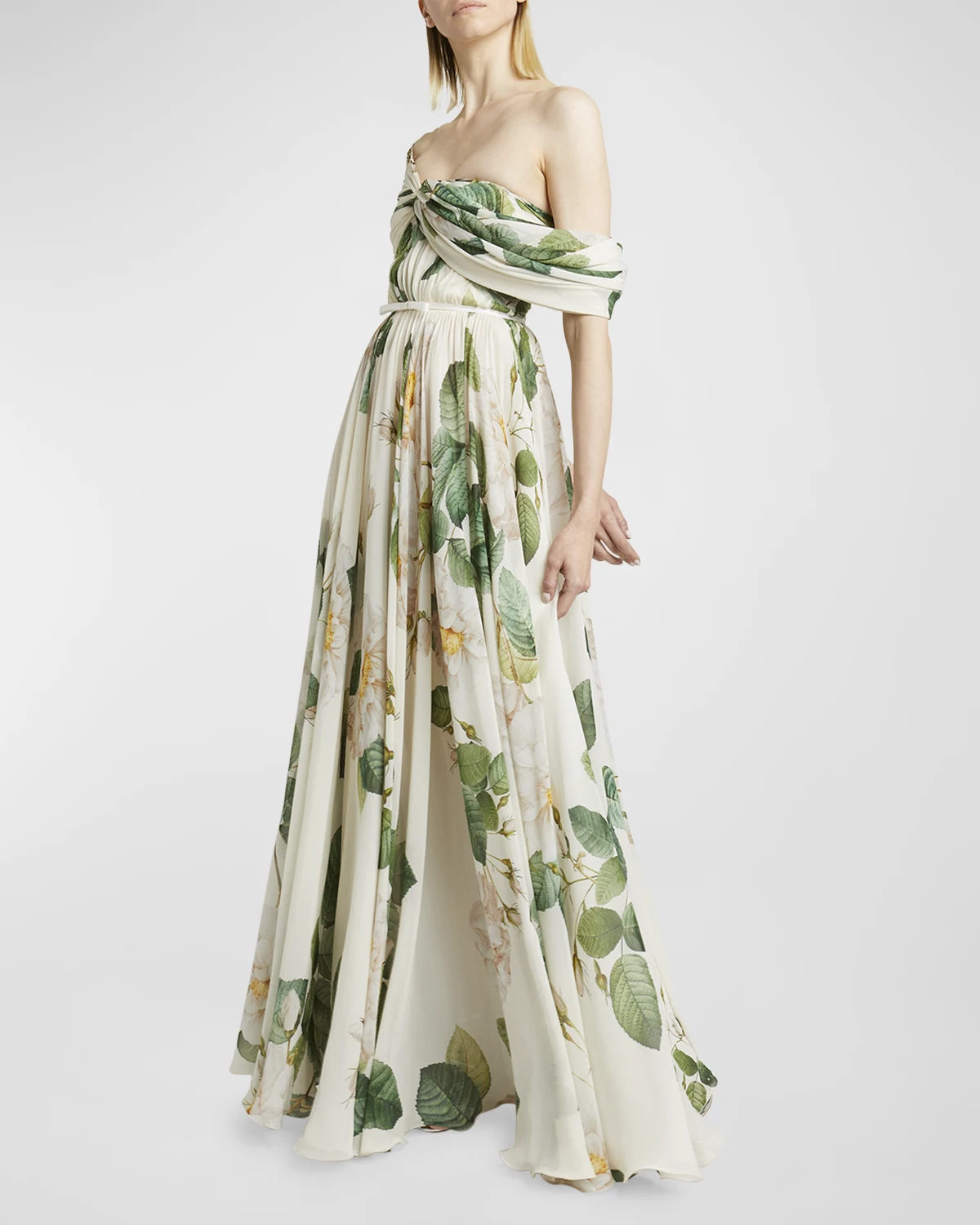 Floral-Print Twisted Off-The-Shoulder Gown