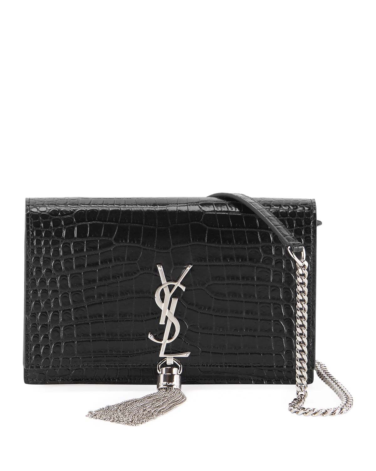 Kate Shiny Croc-Embossed Wallet w/ Tassel on Chain