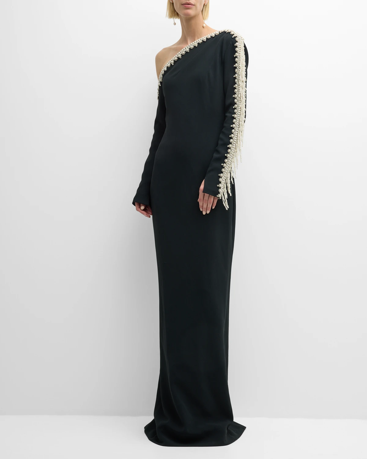 Pearlescent Beaded Fringe One-Shoulder Long-Sleeve Crepe Gown