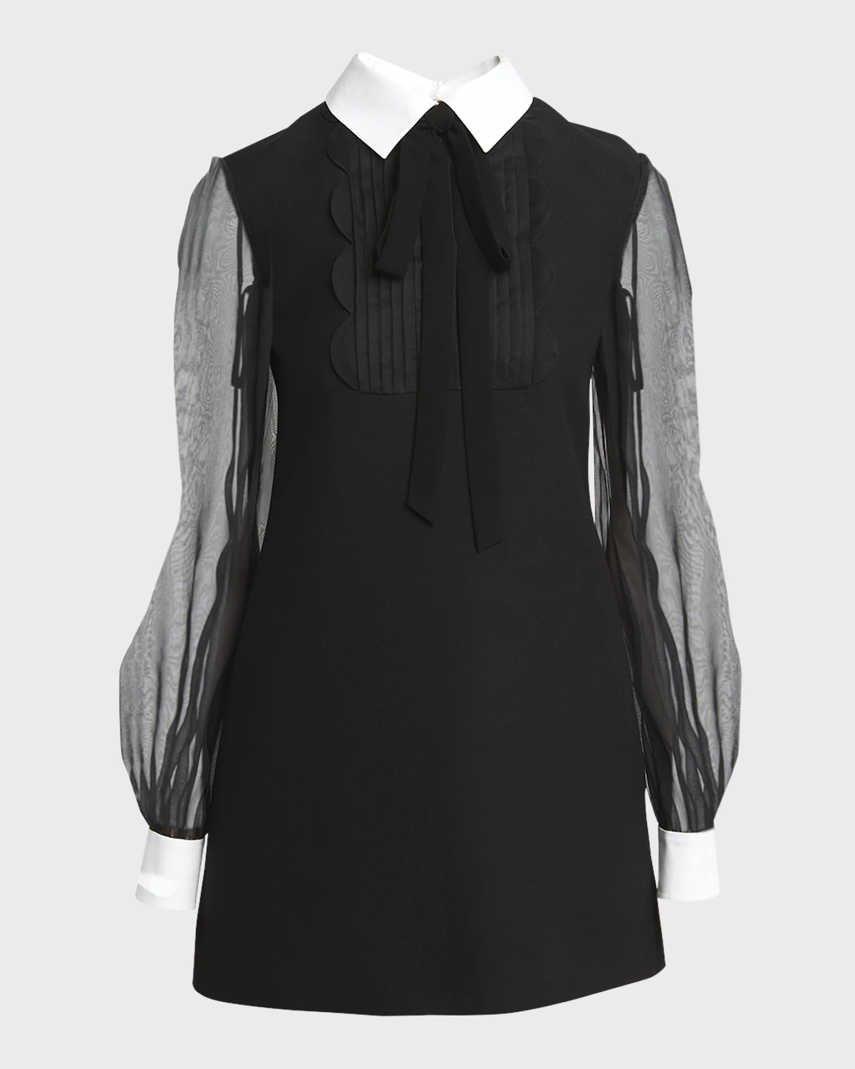 Sheer-Sleeve Bib-Front Solid Crepe Couture Mini Shirtdress