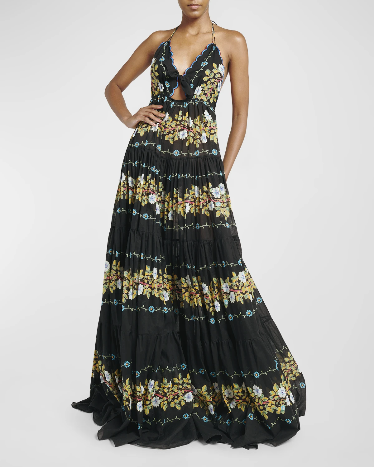 Tiered Embroidered Sangallo Lace Halter Gown