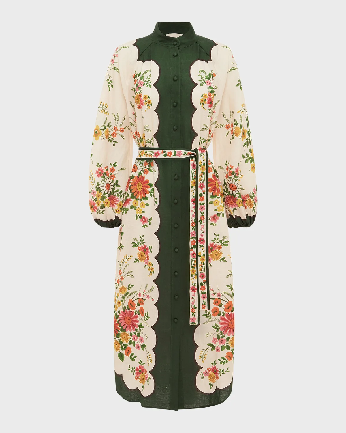 Elisabetta Self-Belt Midi Floral Linen Shirtdress