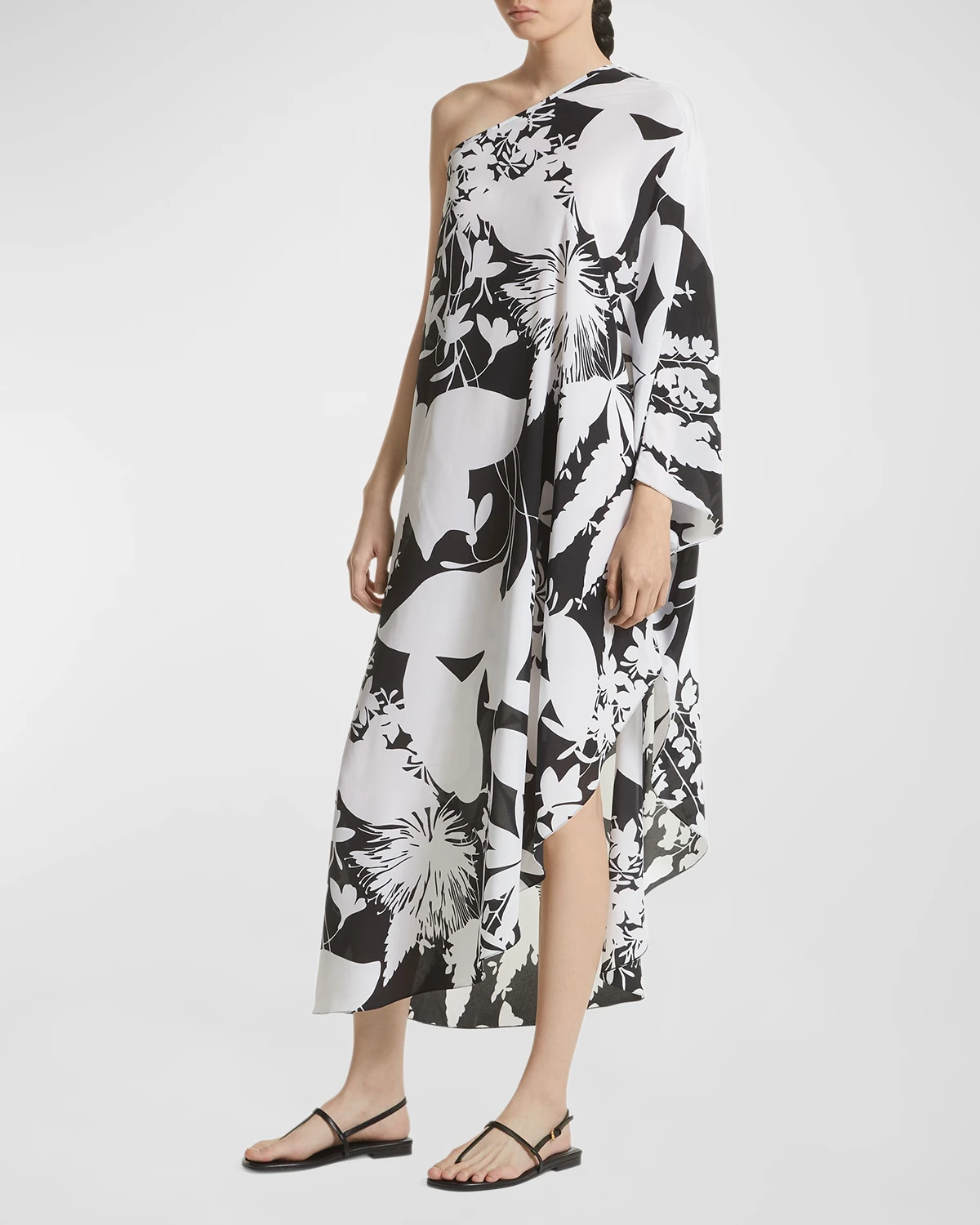 Shadow Floral-Print One-Shoulder Organic Crepe De Chine Asymmetric Caftan Dress