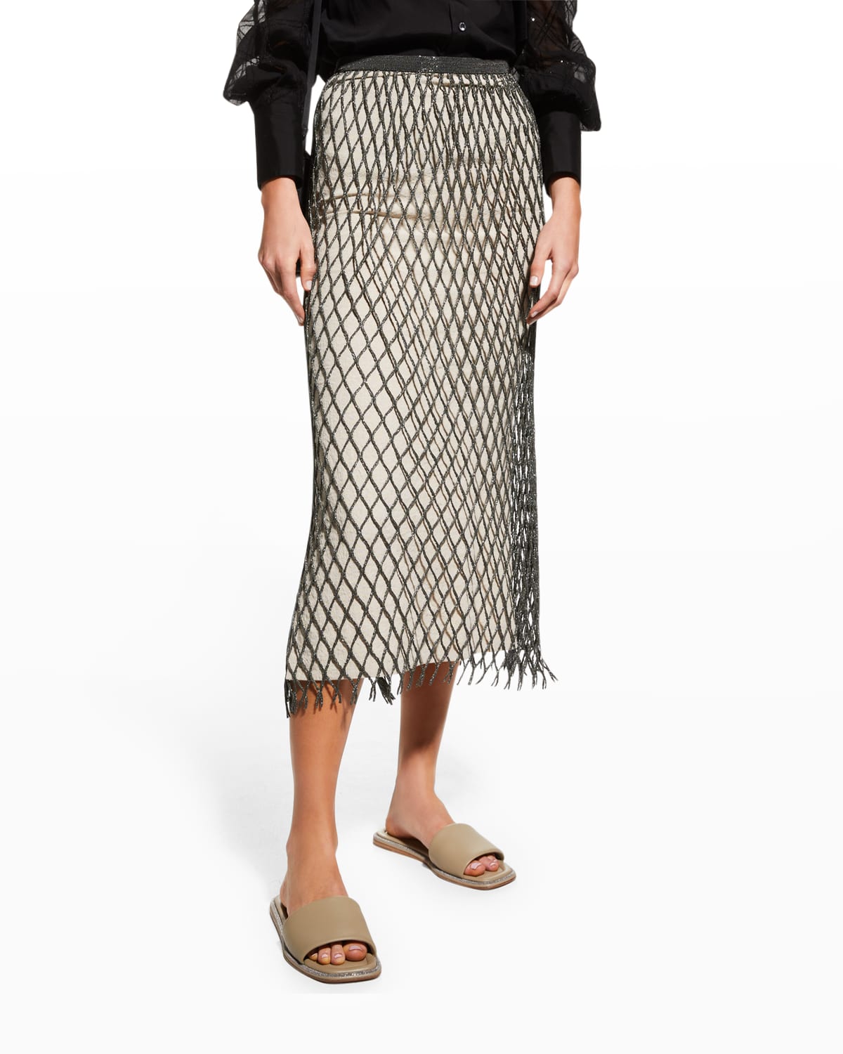 Monili Fishnet Midi Skirt w/ Linen Lining