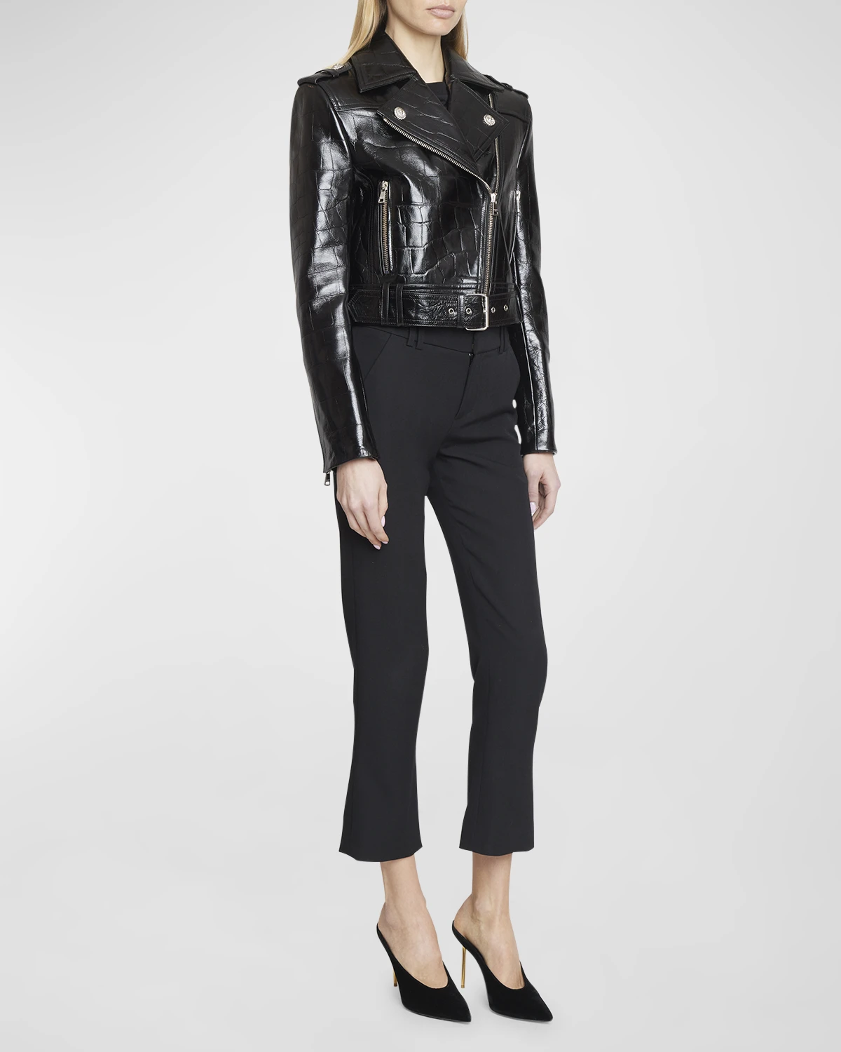 Croc-Embossed Leather Crop Biker Jacket