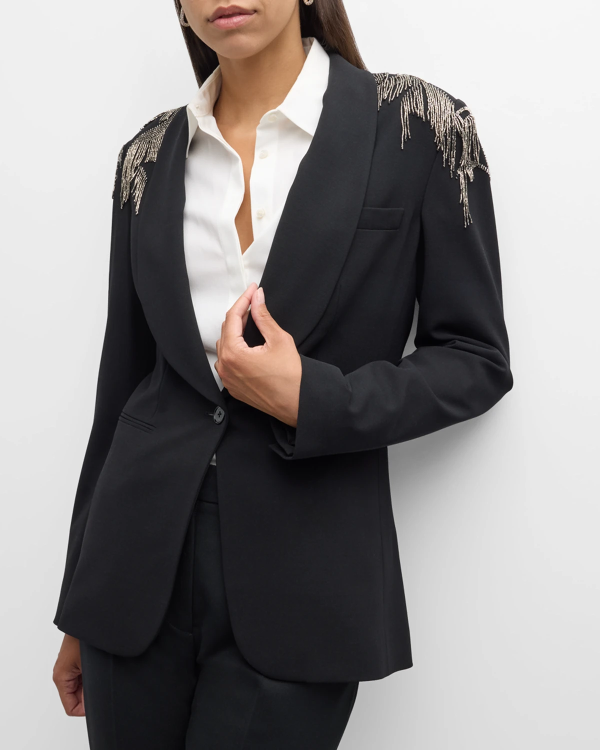 Tamara Luxury Wool Crepe Blazer Jacket with Crystal Embellishment 