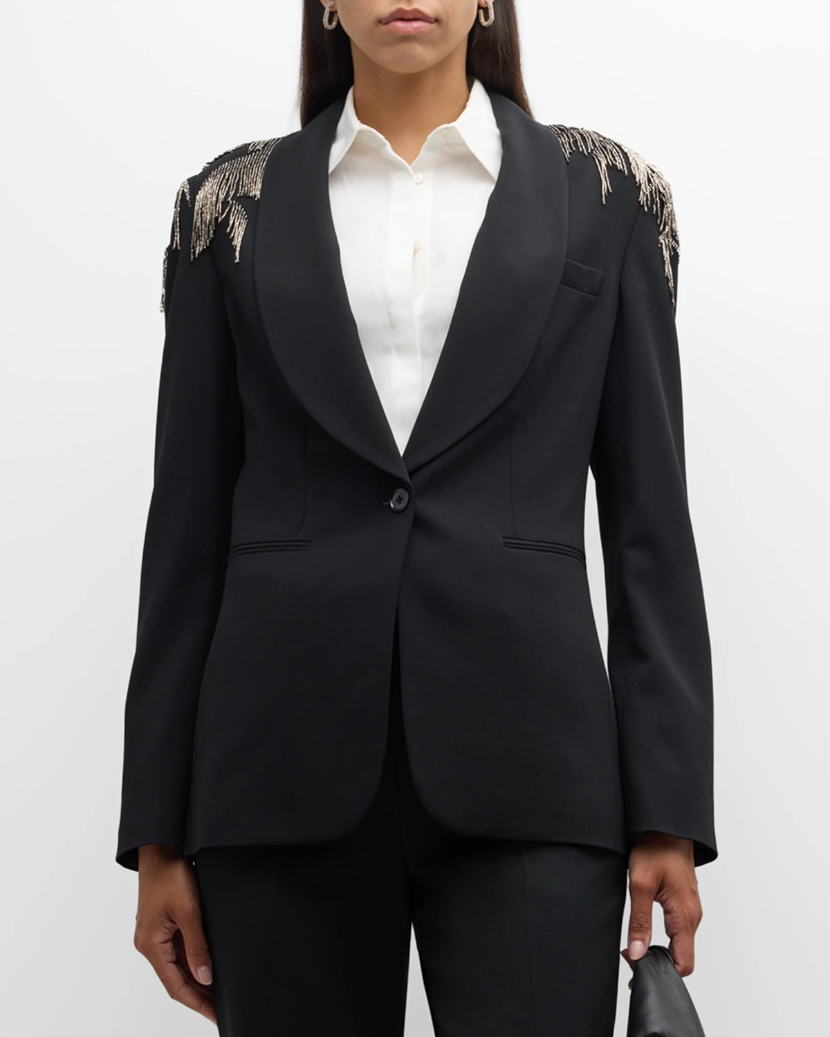 Tamara Luxury Wool Crepe Blazer Jacket with Crystal Embellishment 