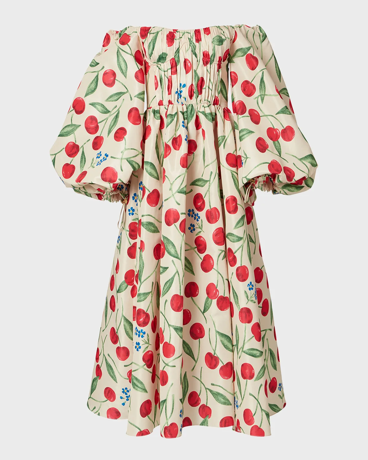 Cherry-Print Off-The-Shoulder Balloon-Sleeve Midi Dress