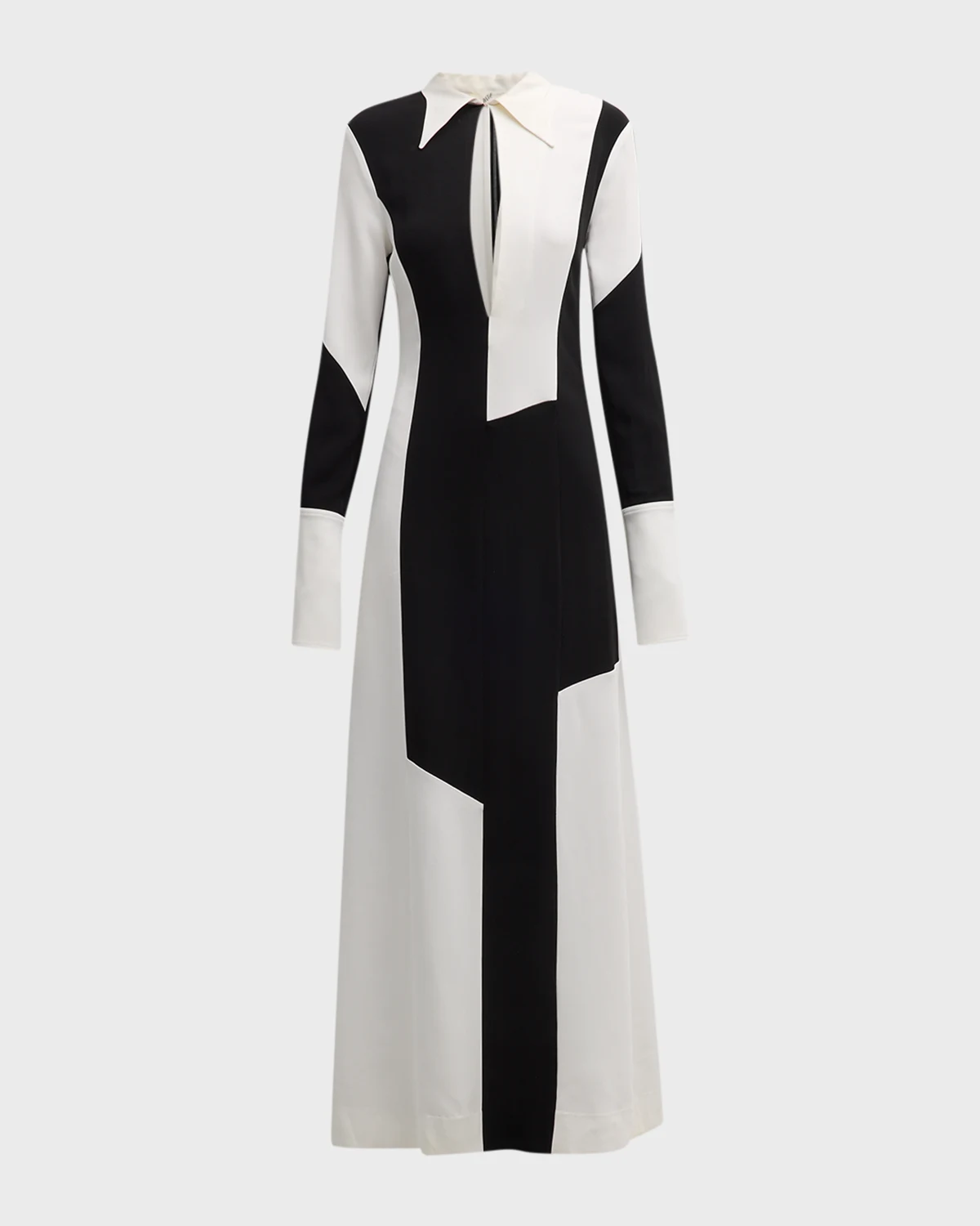 Colorblock Paneled Long-Sleeve Keyhole Collared Gown