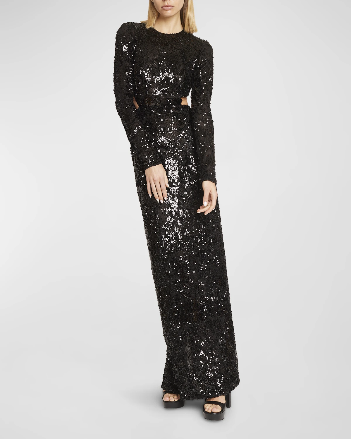 Embroidered Sequin Gown with Cutout Detail