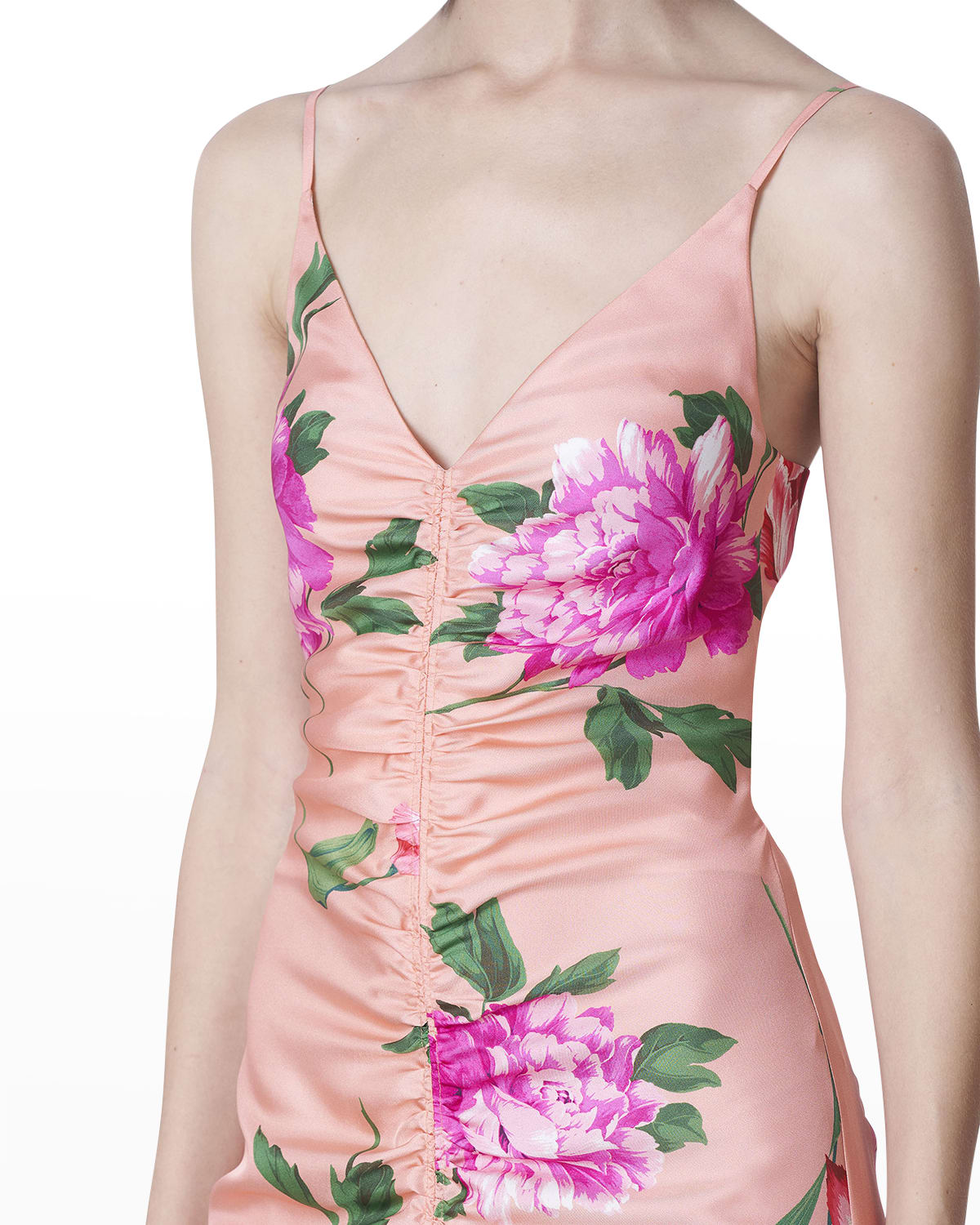 Floral-Print Ruched Silk Gown