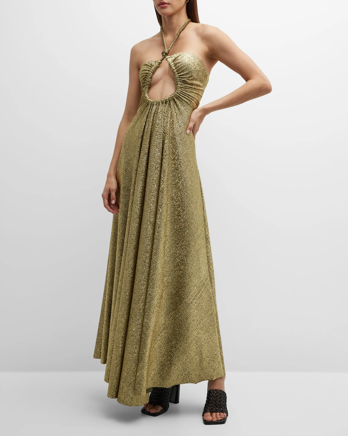 Metallic Jersey Halter Dress with Front Cutout