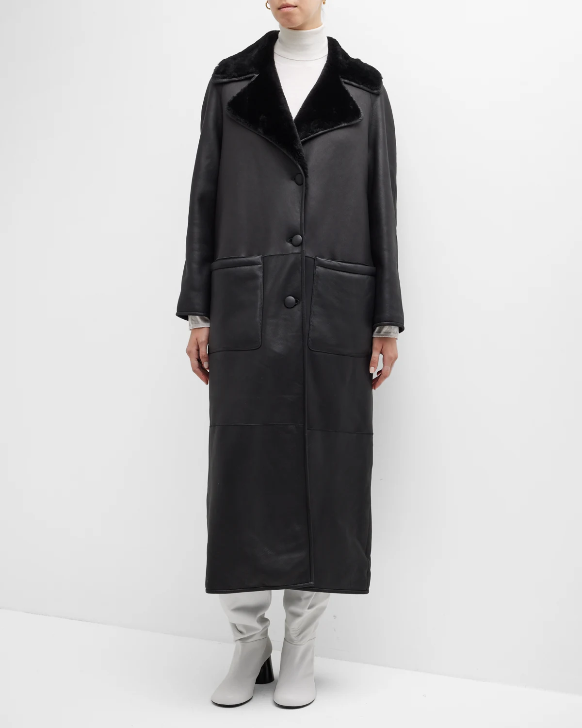 Long Leather Coat w/ Shearling Lining 