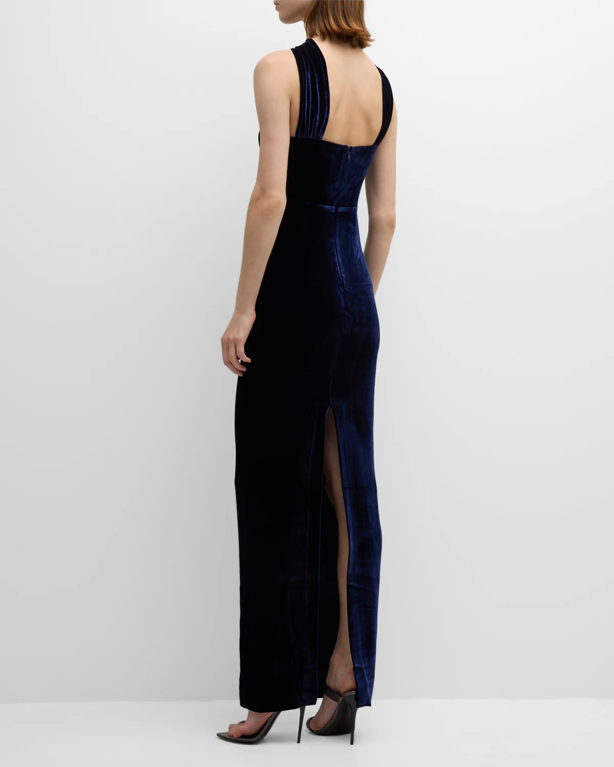 Asymmetric Halter Velvet Column Gown