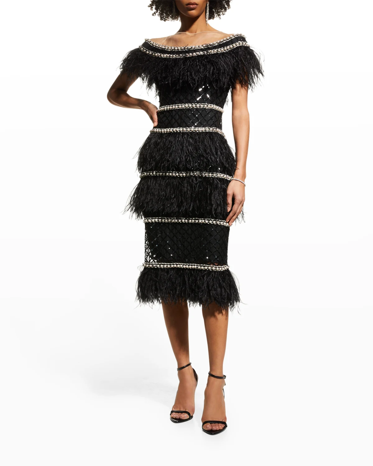 Beaded Off-The-Shoulder Illusion Midi Dress w/ Feather Trim