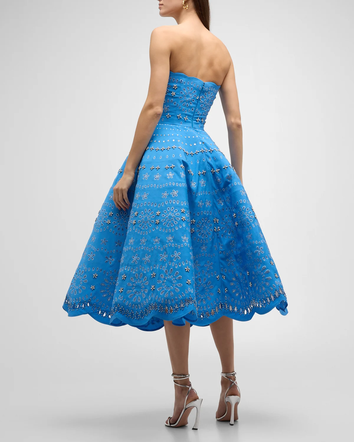 Strapless Crystal Eyelet Scallop Midi Cocktail Dress