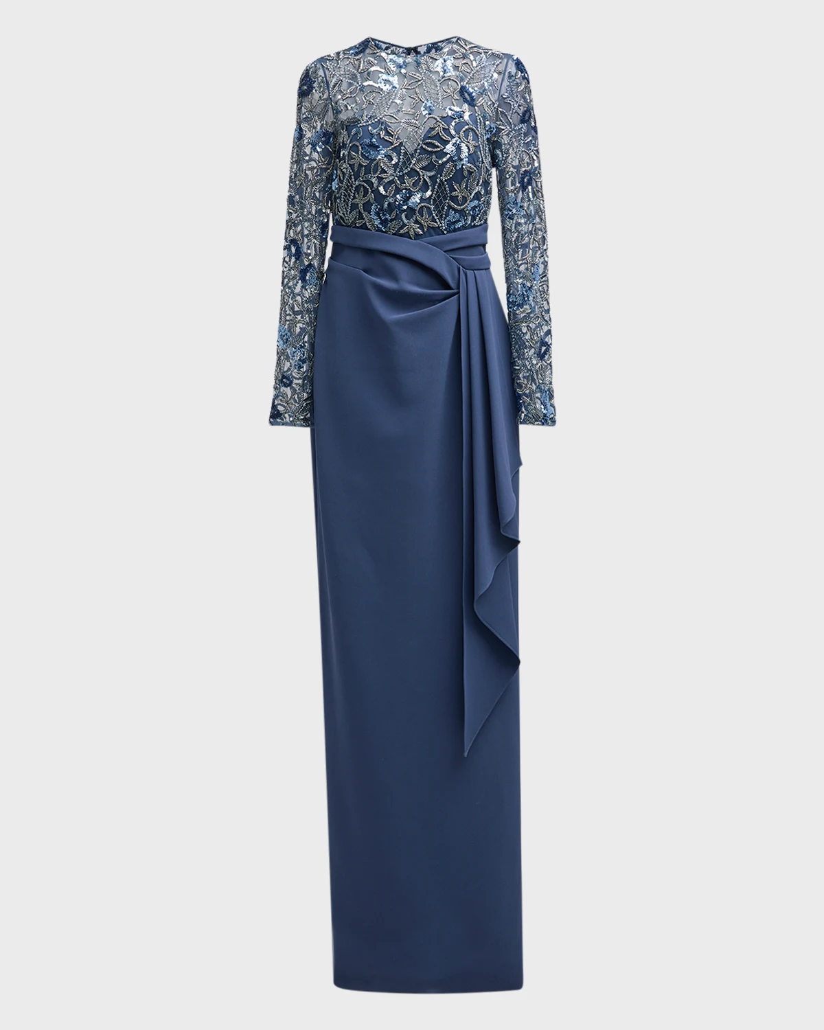 Embroidered Long Sleeve Crepe Gown