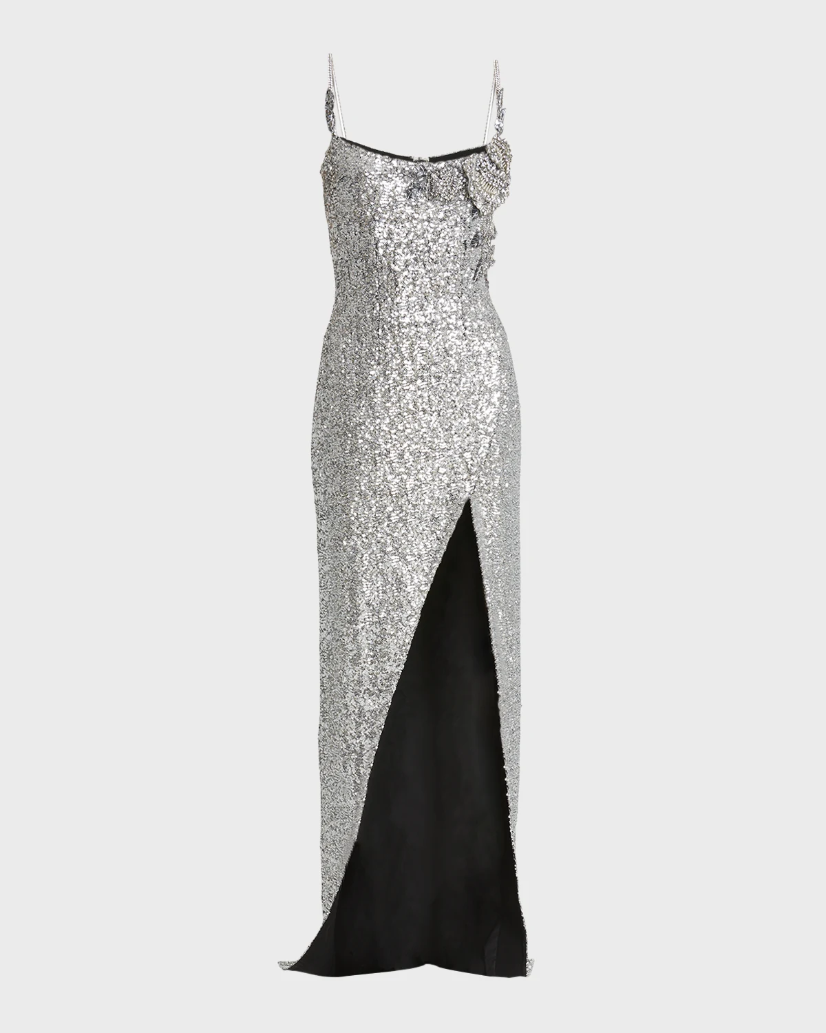 Sequined Column Gown with Rose Detail