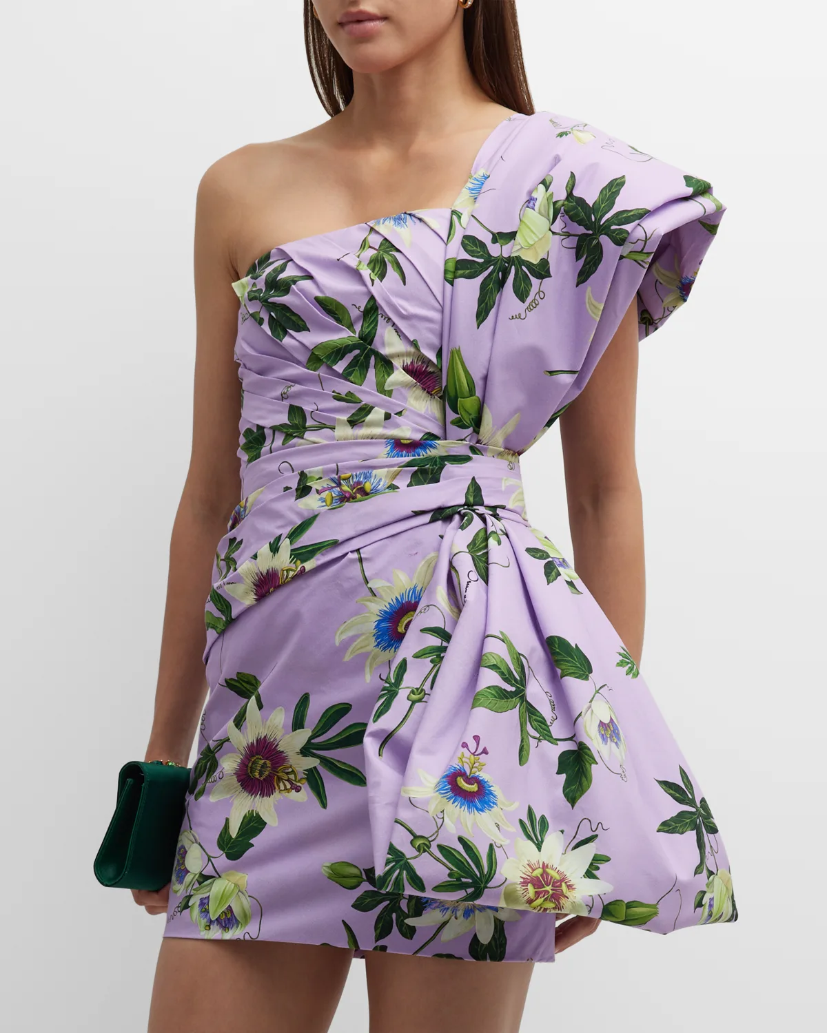 Sunburst Draped Bow Floral-Print One-Shoulder Mini Dress