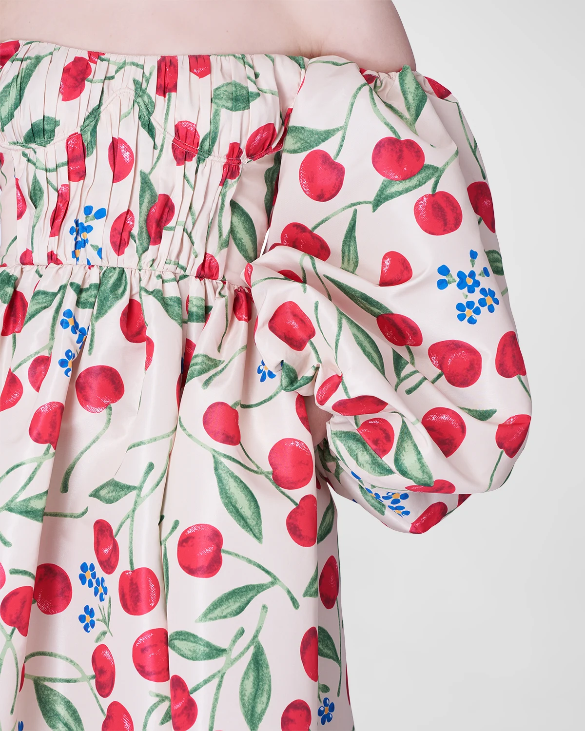 Cherry-Print Off-The-Shoulder Balloon-Sleeve Midi Dress