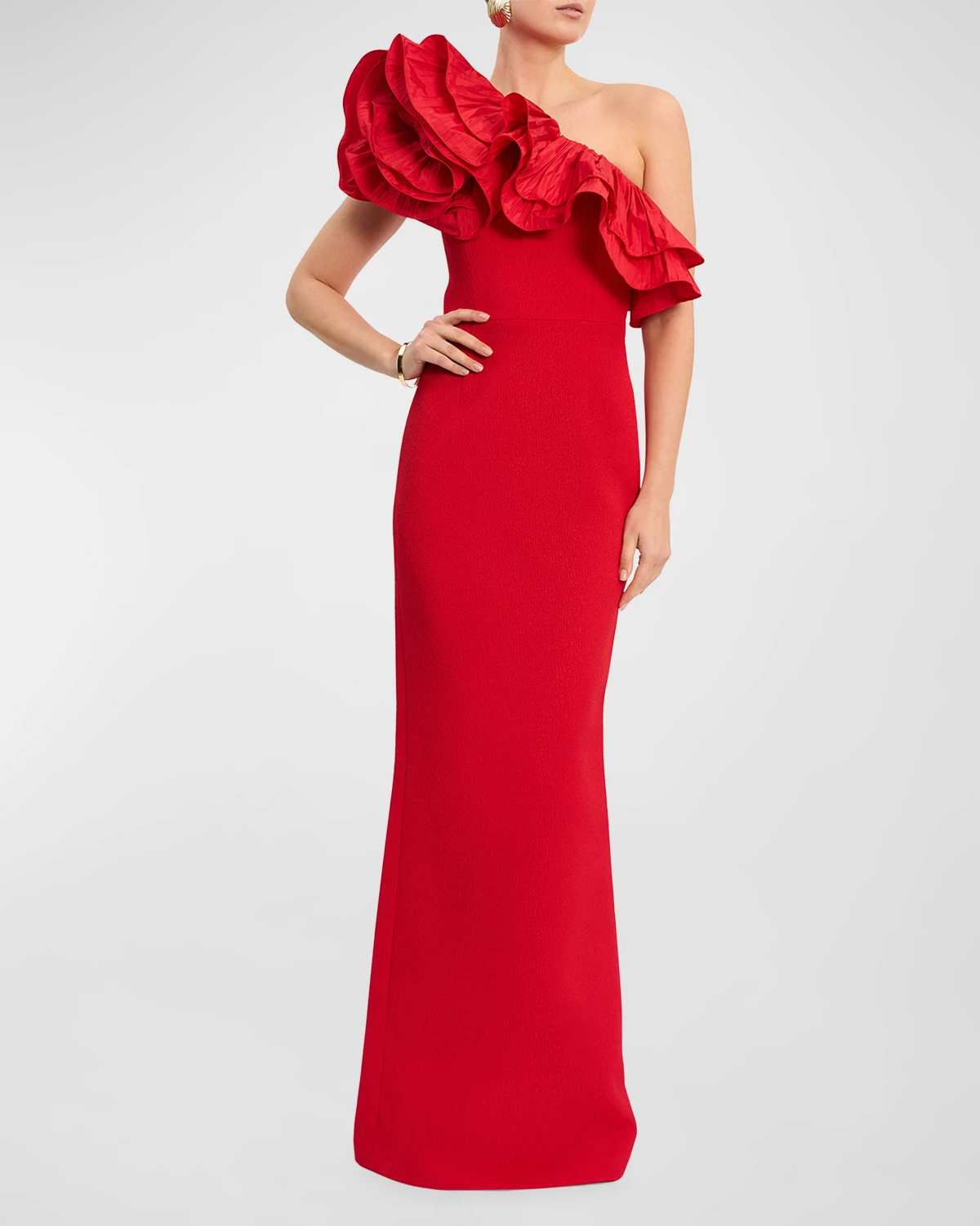 Chiara One-Shoulder Ruffle Crepe Column Gown