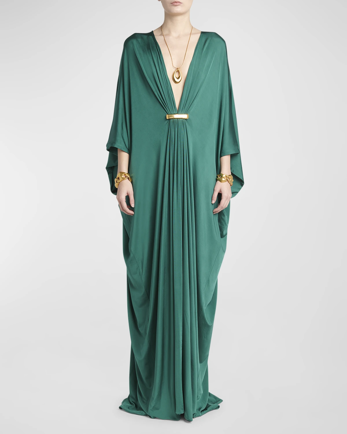 Plunging Satin Stretch Jersey Maxi Kaftan Dress