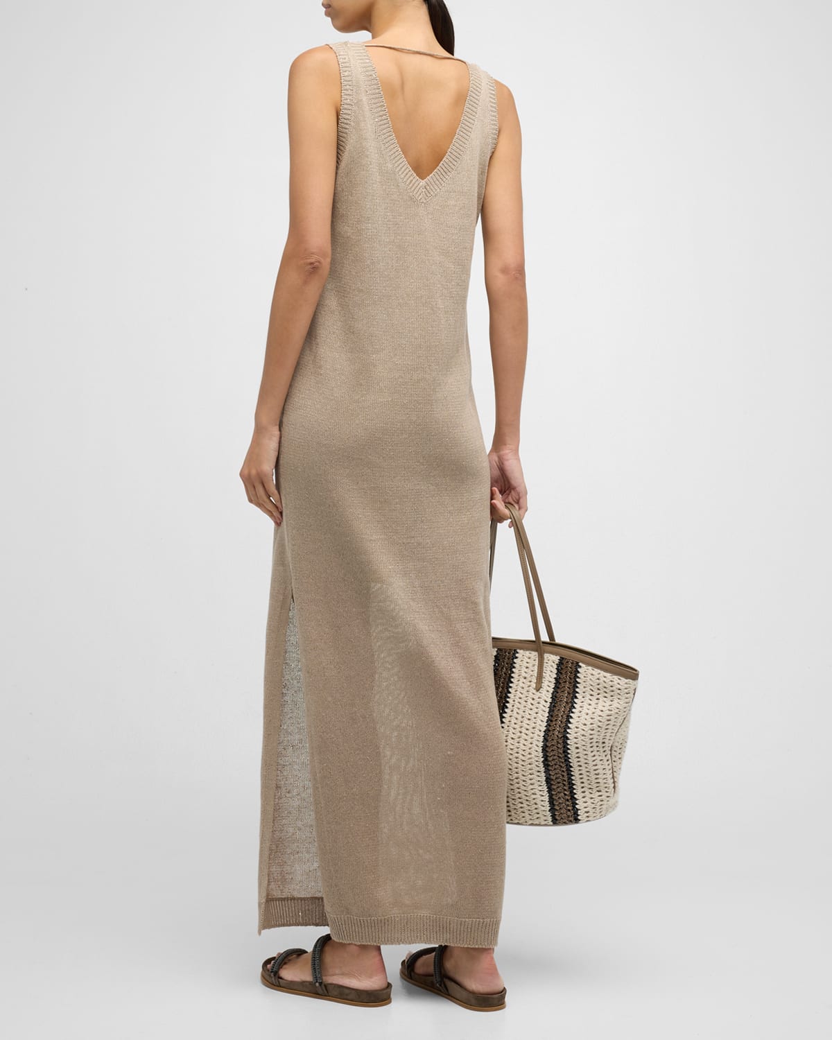 Linen Silk Diamante Knit Column Dress with Monili Detail