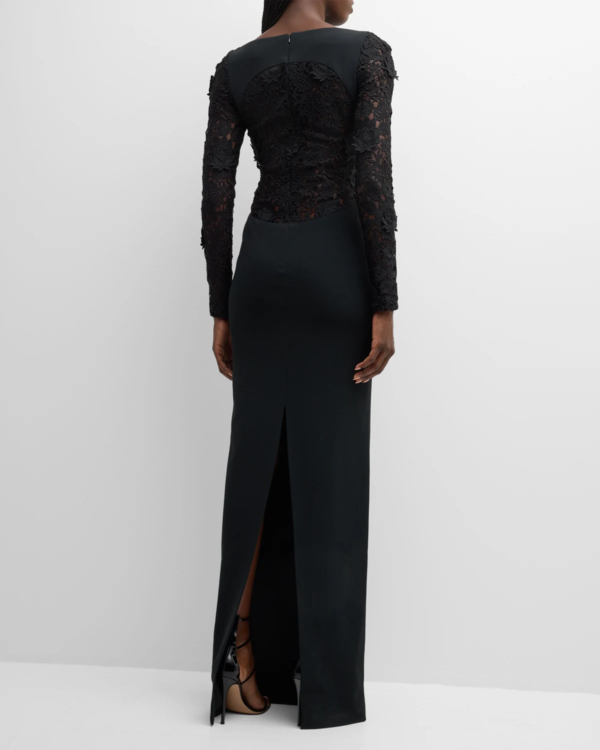 Black Crepe Gown with Lace Panels and Sleeves