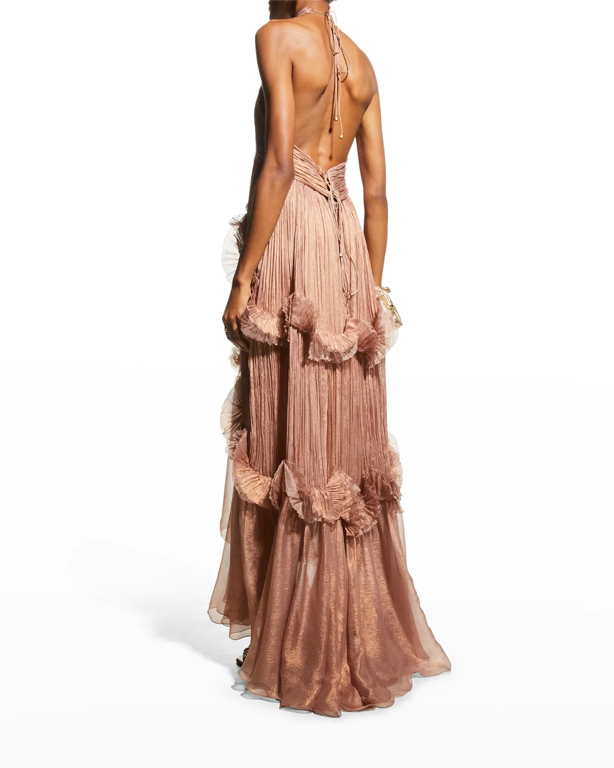 Zadie Metallic Silk Plisse Ruffle Halter Gown