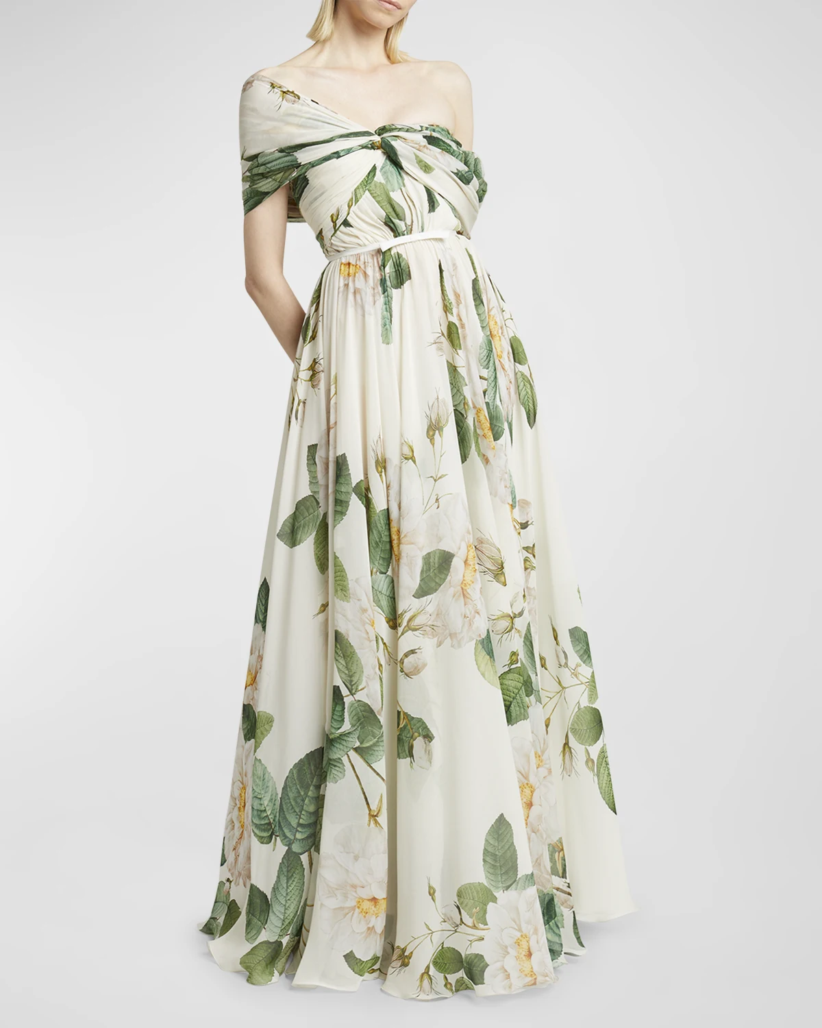 Floral-Print Twisted Off-The-Shoulder Gown