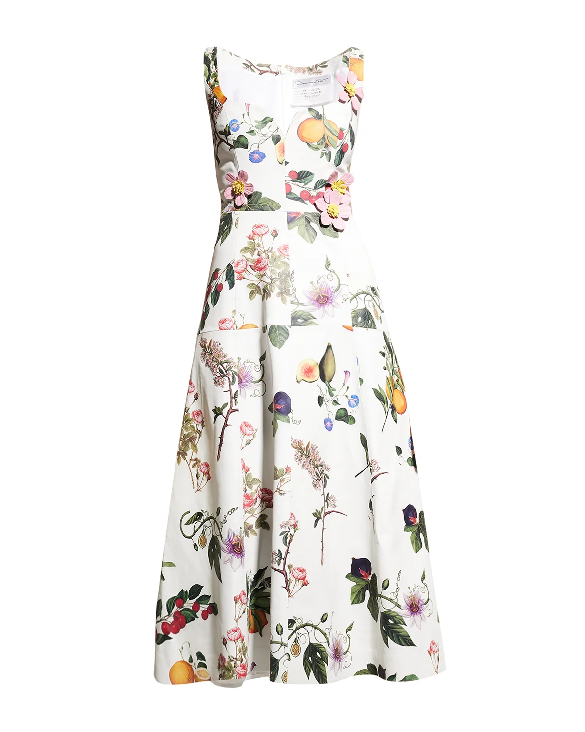 Botanical-Print Flower-Applique Leather Midi Dress