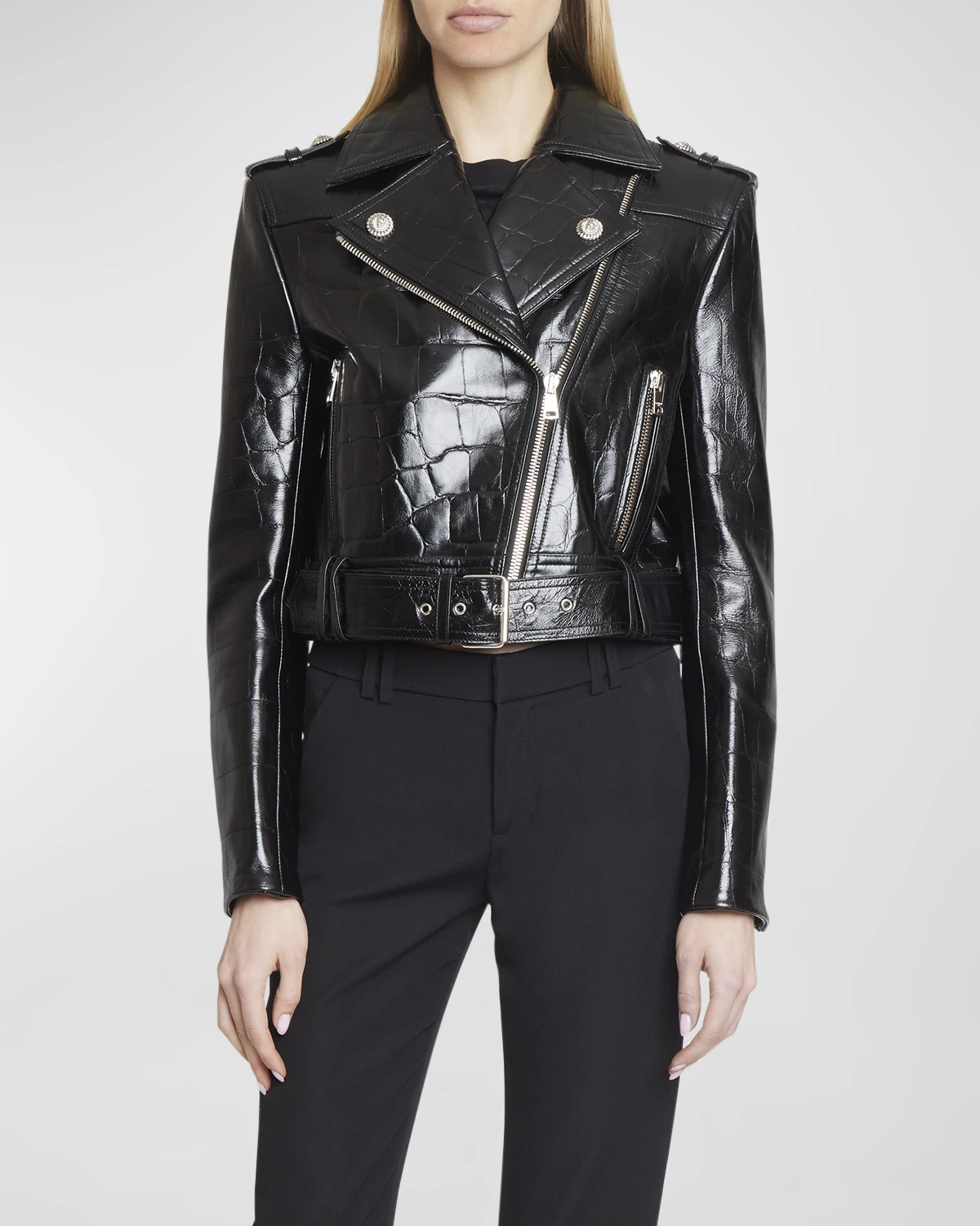 Croc-Embossed Leather Crop Biker Jacket