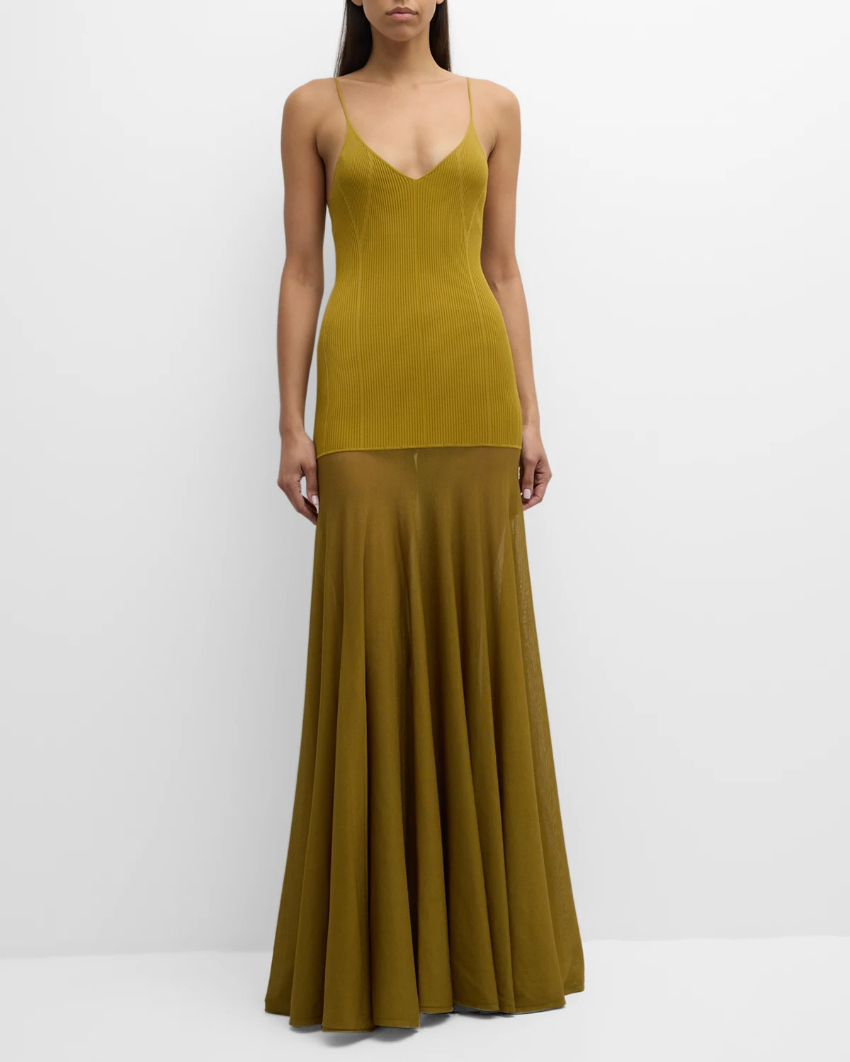 The Katya Ribbed Knit Maxi Dress with Sheer Pleated Skirt