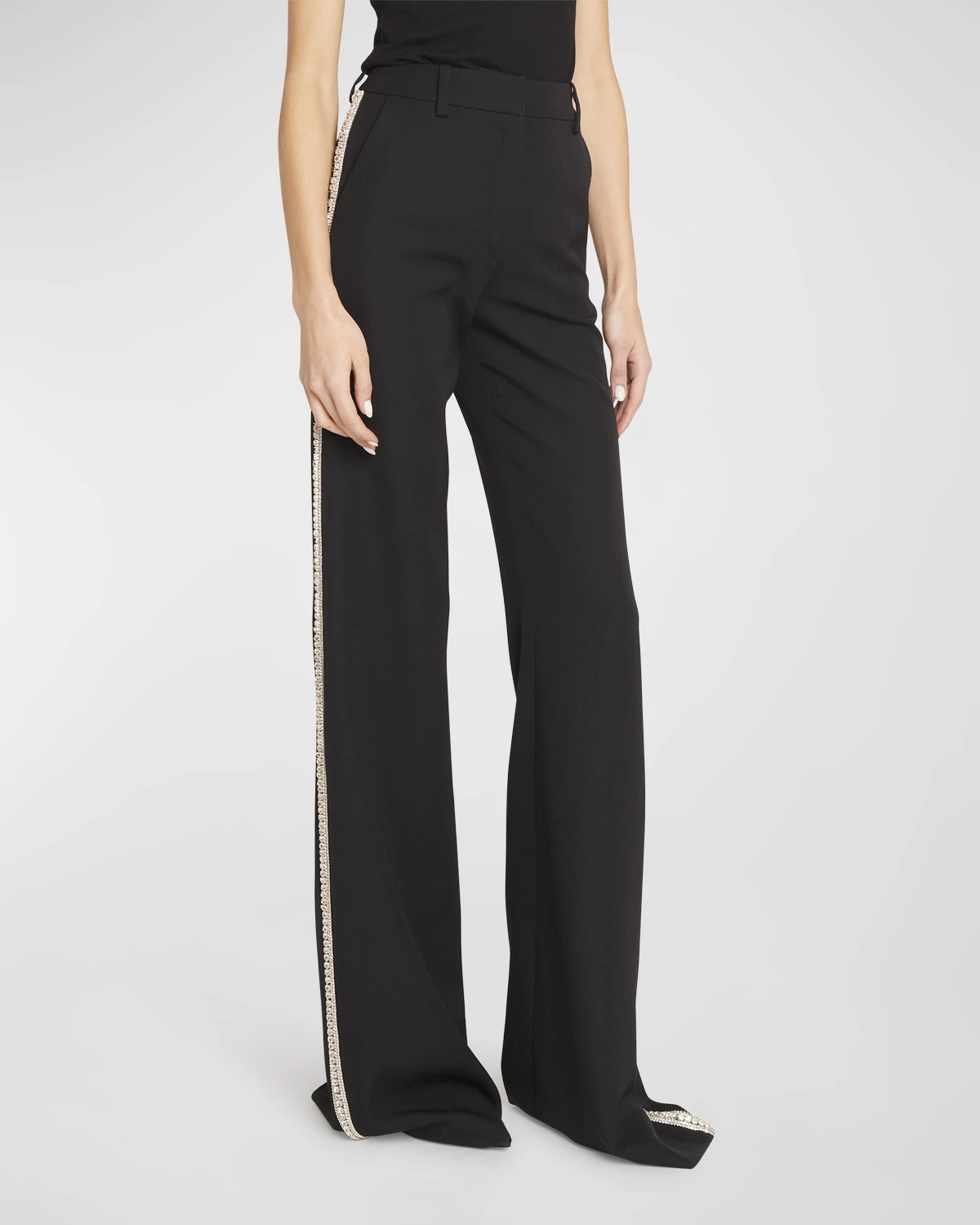 Side-Embroidered Flare Wool Pants